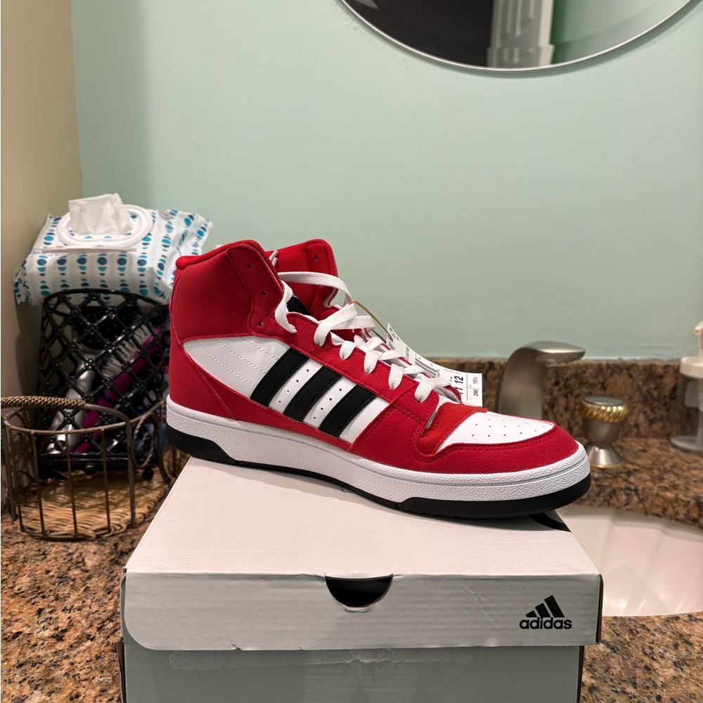Adidas Red and White Sneakers with Black Stripes